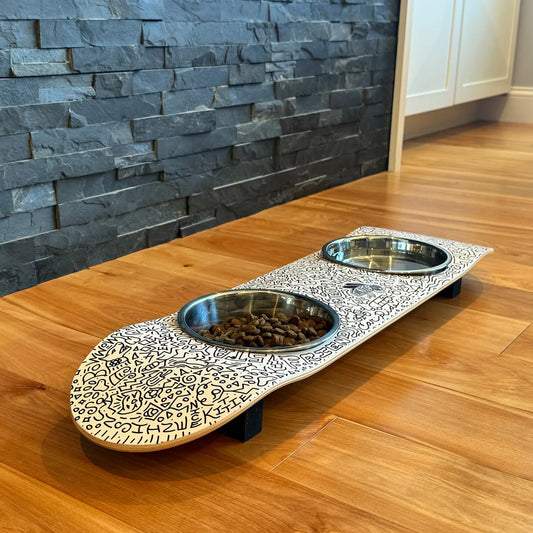 Doodles Skateboard Cat Feeding Stand with 2 Bowls