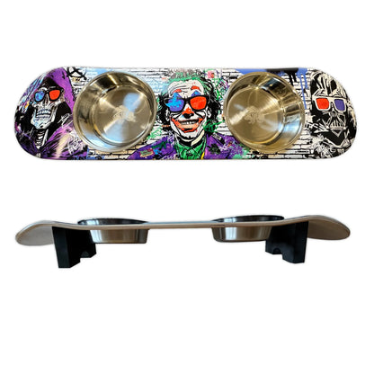 Villains in 3D Skateboard Cat Feeding Stand with 2 Bowls