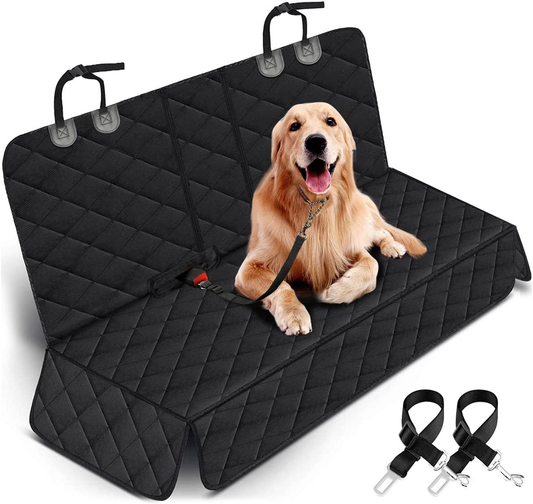 All 4s Paws waterproof dog car back seat cover showing non-slip fabric and universal fit for cars, SUVs, and trucks.
